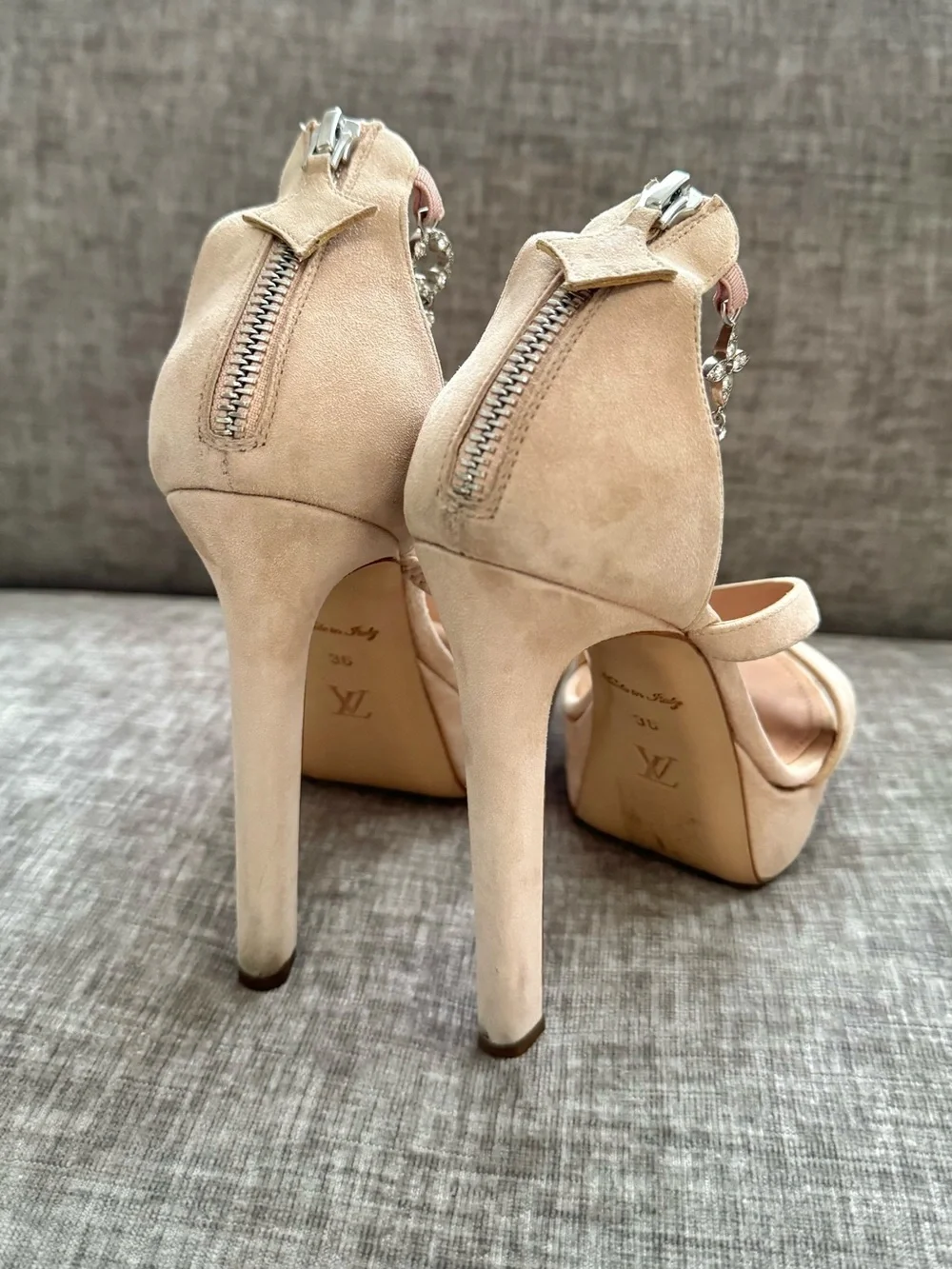Louis Vuitton Appeal Crystal Monogram Suede Platform Heels Nude 36